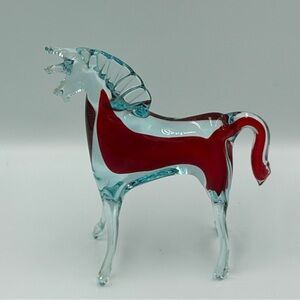 Vintage Murano Art Glass Horse Hand Blown Red And Light Blue Clear Glass MCM